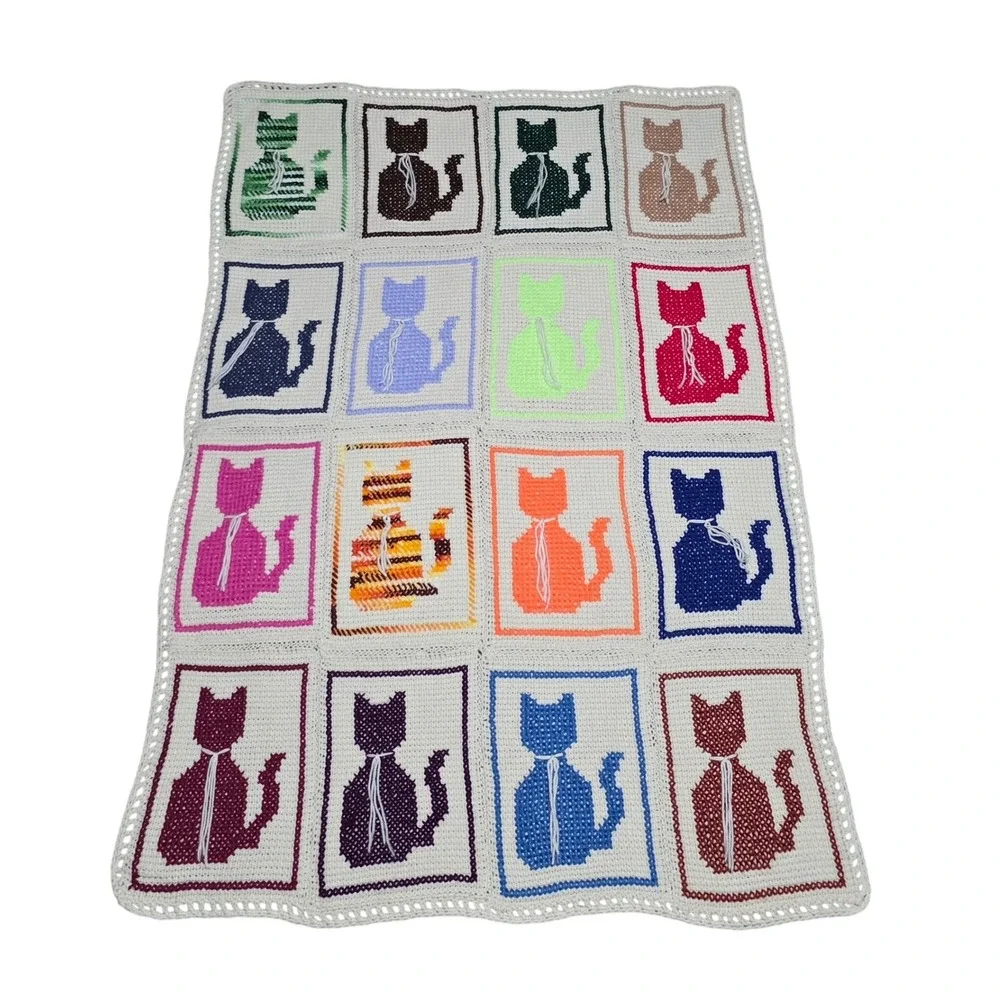Handmade Crochet Cat Afghan Blanket Colorful‎ Kitten Silhouette Throw 26x36
